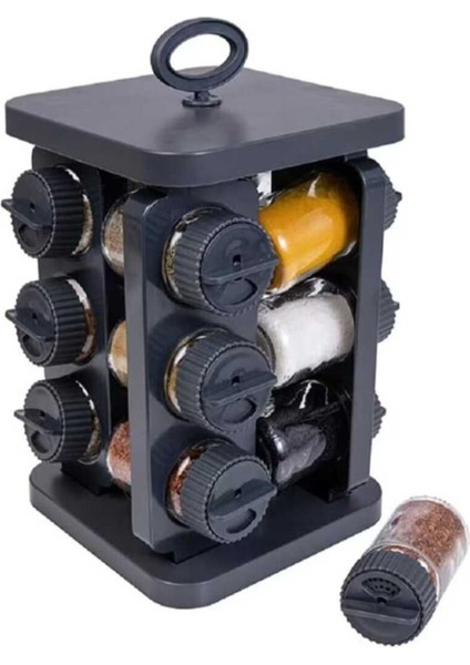 Cam Baharatlık Siyah Renk Dönerli Standlı Lüx Fenomen 12 Li Baharatlık