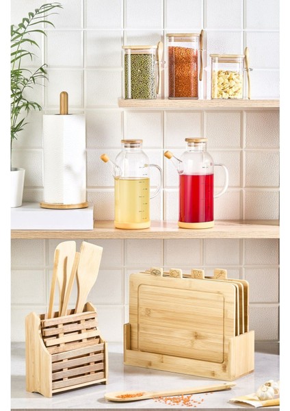 20 Parça Tezgah Üstü Bambu Set - Kesme Tahtası, Yağdanlık, Kavanoz, Havluluk, Kaşıklık, Nihale Seti