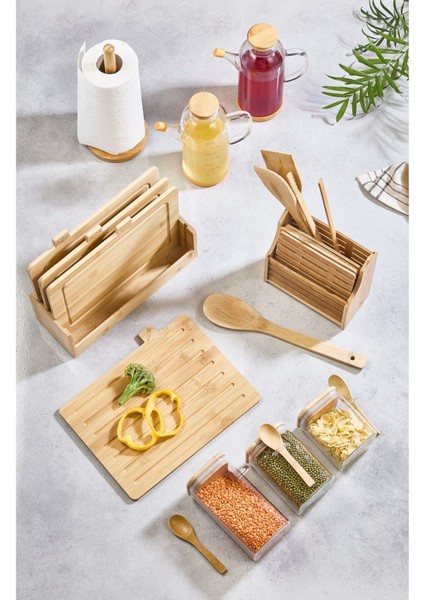 20 Parça Tezgah Üstü Bambu Set - Kesme Tahtası, Yağdanlık, Kavanoz, Havluluk, Kaşıklık, Nihale Seti fiyatları
