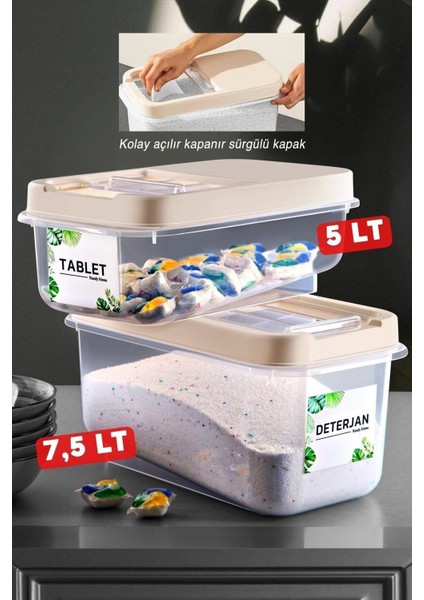 PP Plastik Kayar Kapaklı Tablet ve Deterjan Saklama Kabı Seti 5L + 7,5L, Darbeye Dayanıklı, Gıda Temasına Uygun, 2'li fırsatları