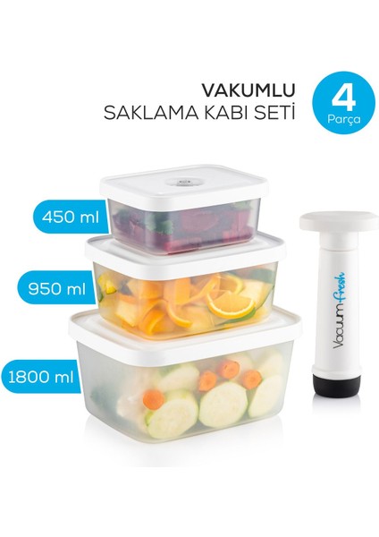 Vakumlu Gıda Saklama Kabı Seti – BPA’sız, Silikon Kapaklı, Sızdırmaz 4’lü (450-950-1800 ml) Çok Amaçlı Kullanım