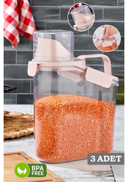 3'lü Sızdırmaz Kapaklı Erzak Saklama Kabı Ölçekli Un Bakliyat Kabı Mutfak Düzenleyici Kavanoz 1,8 Lt