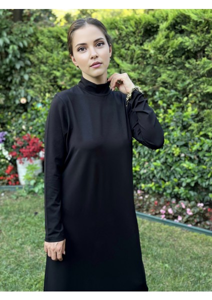 Dik Yaka Siyah Pamuklu Viskon Tesettür Içlik Astar Elbise
