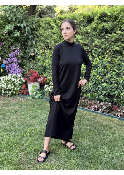 Dik Yaka Siyah Pamuklu Viskon Tesettür Içlik Astar Elbise modelleri