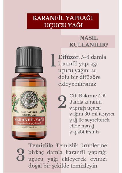 Karanfil Yaprağı Uçucu Yağı (Clove Leaf Oil ) Saf ve Doğal 20 ml