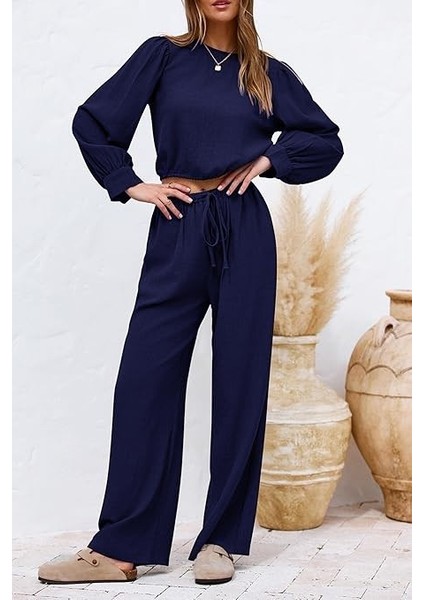 Keten Yazlık Yüksel Bel Pantolon Balon Kol Tasarım Bluz Ikili Takım Alt Üst