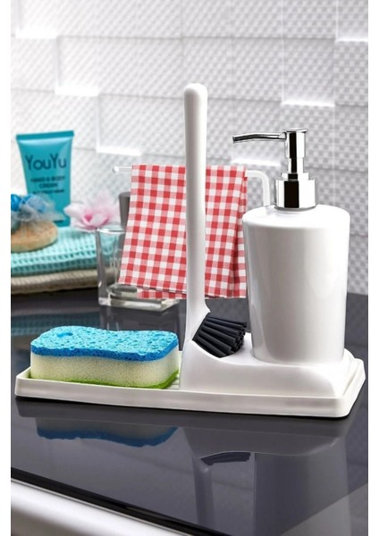 Yumuşak Silikon Fırçalı Tezgah Üstü Mutfak Banyo Sıvı Sabunluk Takımı Süngerlik Bez Seti