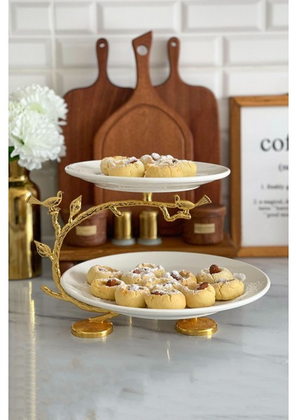 Porselen 2 Katlı Kurabiyelik ve Meyve Servisliği – Altın Metal Detaylı, 21-25,5 cm Çap, 22 cm Yükseklik