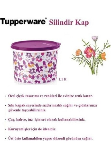 Tupperware Silindir Kap Çiçekli
