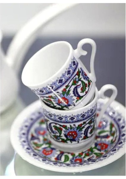 12 Parça Türk Kahvesi Fincan Takımı - 6 Kişilik Beyaz Desenli Çay ve Kahve Servis Seti