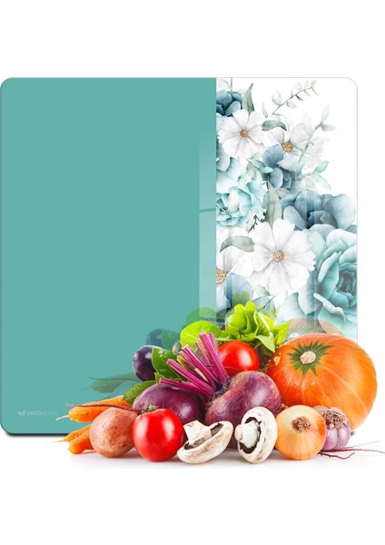 Cam Kesme Tahtası ve Sunumluk Vintage Turkuaz Güller 30X30 cm