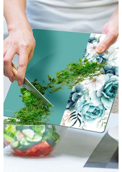 Cam Kesme Tahtası ve Sunumluk Vintage Turkuaz Güller 30X30 cm modelleri