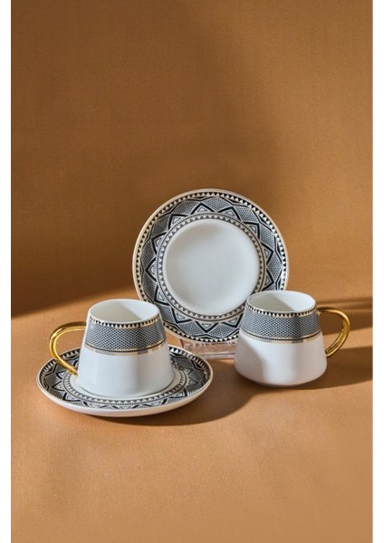 Porselen Kahve Fincanı Takımı Siyah Geometrik Desen Altın Detaylı 2 Kişilik 80 ml fırsatları