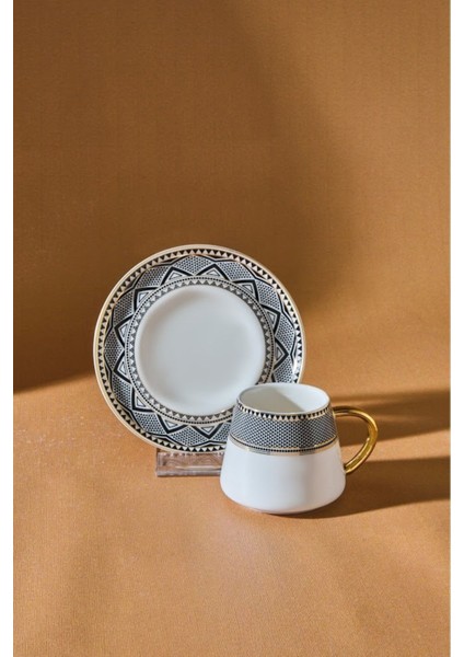Porselen Kahve Fincanı Takımı Siyah Geometrik Desen Altın Detaylı 2 Kişilik 80 ml