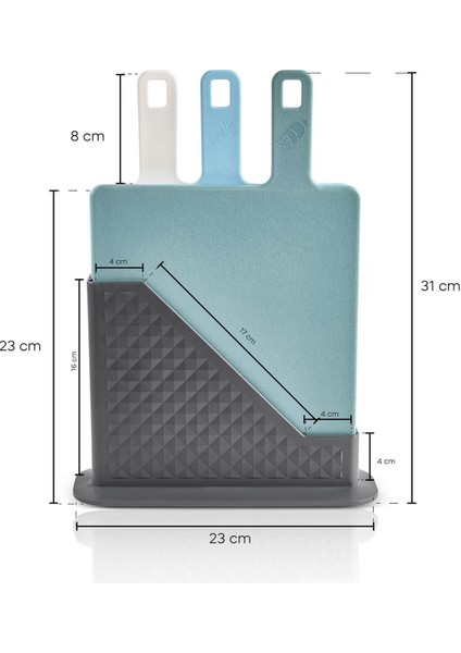 Brice 4 Parça Renkli Çift Taraflı Plastik Kesme Tahtası Seti 23 cm Stantlı