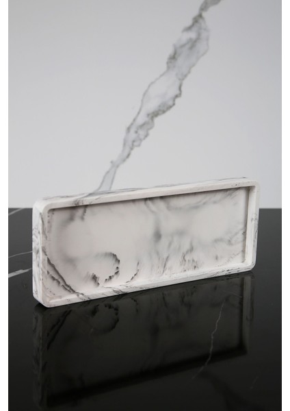 Mermer Desenli Dekoratif Sunum Tepsisi Tabağı Beton Sunumluk 10X25 cm Siyah Beyaz