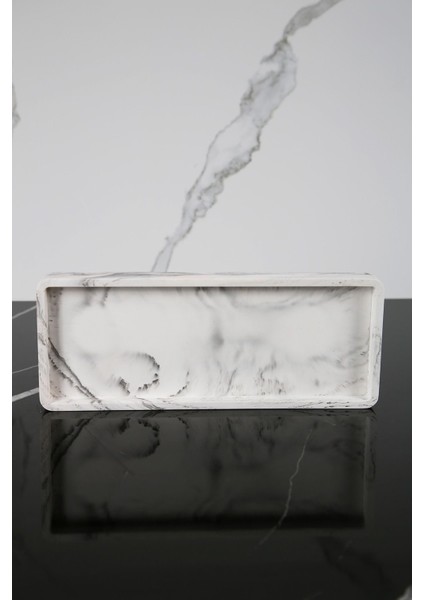 Mermer Desenli Dekoratif Sunum Tepsisi Tabağı Beton Sunumluk 10X25 cm Siyah Beyaz modelleri