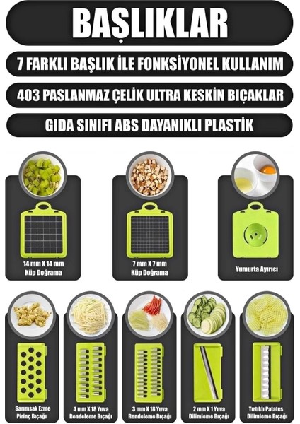 13 Parça Yeşil Sebze Doğrayıcı ve Rende Seti BPA'sız Plastik ve Paslanmaz Çelik Bıçaklı