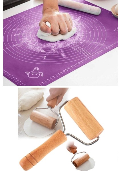 Silikon Hamur Açma Matı Ölçekli Hamur Açma Altlığı ve Ahşap Saplı Rulo Hamur Açıcı Merdane Oklava
