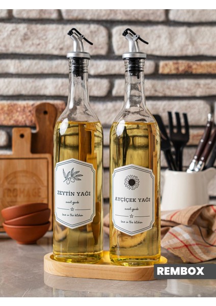 Ahşap Standlı 2'li Yağ ve Sirke Şişesi 750 ml Yağlık Zeytinyağ Sıvıyağ Şişesi Şeffaf Cam Yağdanlık
