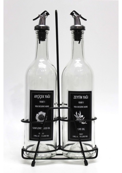 2 Adet Şeffaf Dibi Çukur 750 ml Etiketli Yağlık ve Siyah Stant