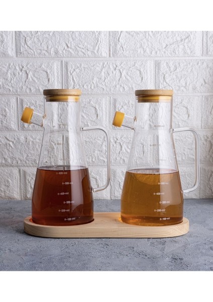 Bambu Standlı Bambu Kapaklı Vakumlu Borosilikat 3'lü Set Cam Yağlık Sirkelik Bambu Altlık Yağdanlık