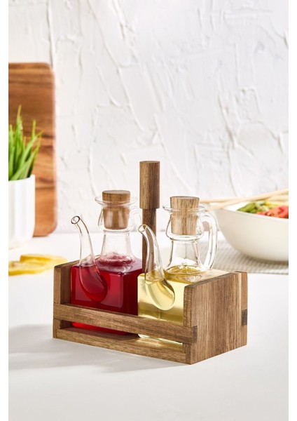 Akasya Ahşap Standlı Cam 2'li Yağdanlık & Sirkelik Seti