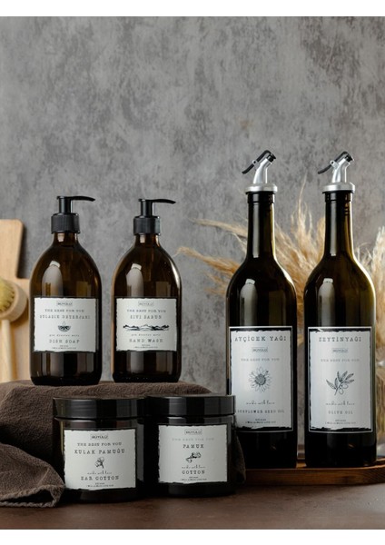 3lü Set 6 Parça Cam 2li 750ML Yağdanlık Cam Amber 300ML 2li Sıvı Sabunluk 2li Amber Pamukluk Yağlık