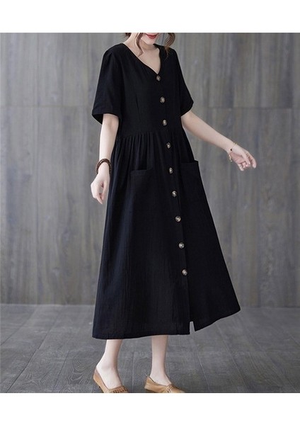 Keten Günlük Rahat V Yaka Beli Büzgü Detaylı Düğmeli Elbise LN04SIYAH15