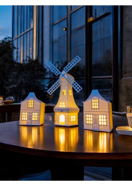 Yeldeğirmeni ve 2 Evli Dekoratif Işıklı 3lü Set Tealight Ev Mumluk Ev Dekoru Yılbaşı Süsleri