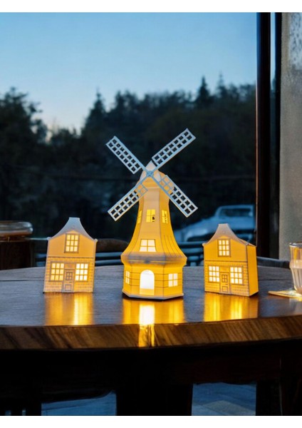 Yeldeğirmeni ve 2 Evli Dekoratif Işıklı 3lü Set Tealight Ev Mumluk Ev Dekoru Yılbaşı Süsleri