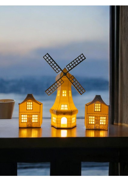 Yeldeğirmeni ve 2 Evli Dekoratif Işıklı 3lü Set Tealight Ev Mumluk Ev Dekoru Yılbaşı Süsleri