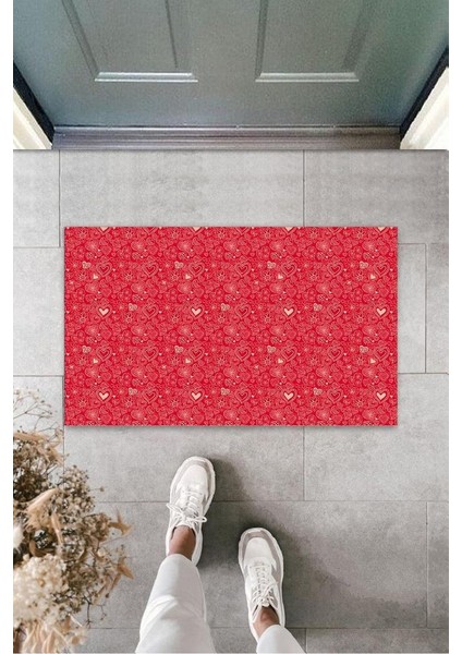 Kırmızı Kapı Önü Paspası Çoklu Kalpler Desen K-3220