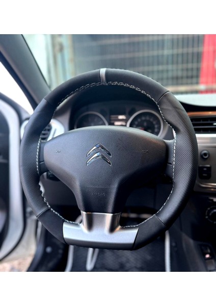 Dikişli Direksiyon Kılıfı Nubuk Deri Noktalı Deri Gri Yüzük Gri Dikişli Citroen C-Elysee Için