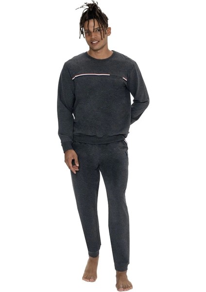 18921 Erkek Antrasıt Melanj Uzun Kollu Yuvarlak Yaka Pijama Takımı