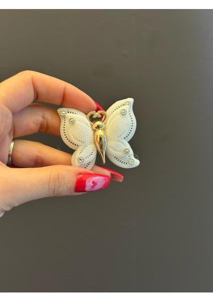 Beyaz Taşlı Kelebek Broş Yaka İğnesi Giyim Aksesuarı 5x4 cm