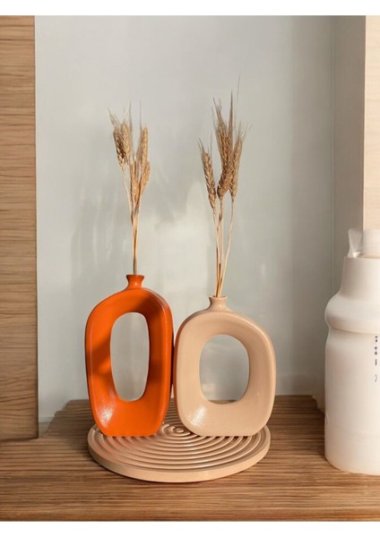3lü Beton Vazo Seti, Dekoratif Salon Seti, Yuvarlak Sunumluk