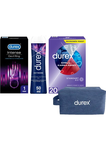 Devil Ring Titreşimli Halka + Extreme Jel 200 ml +Durex Chill 20 Li Prezervatif+Çanta