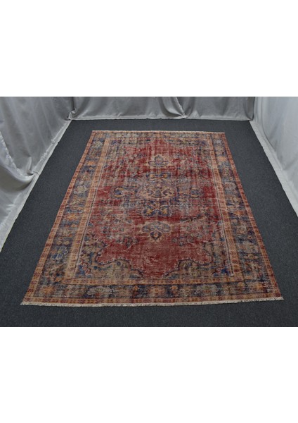 Vintage El Dokuma Kırmızı Lacivert Eskitme Lüks Göbekli Yün Salon Halısı 5806 fiyatları