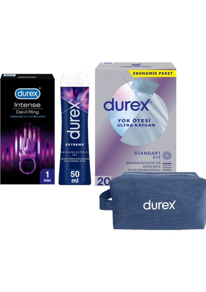 Devil Ring Titreşimli Halka + Extreme Jel 50 Ml+Durex Ultra Kaygan 20 Li Prezervatif+Çanta