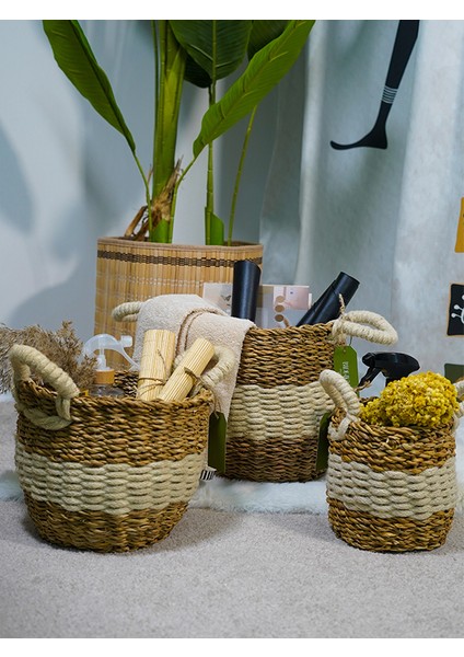 Badehome Decoration 3'lü Doğal Hasır Kulplu Yuvarlak Krem Sepet Set (Saksı,çamaşır Düzenleyici Organizer)