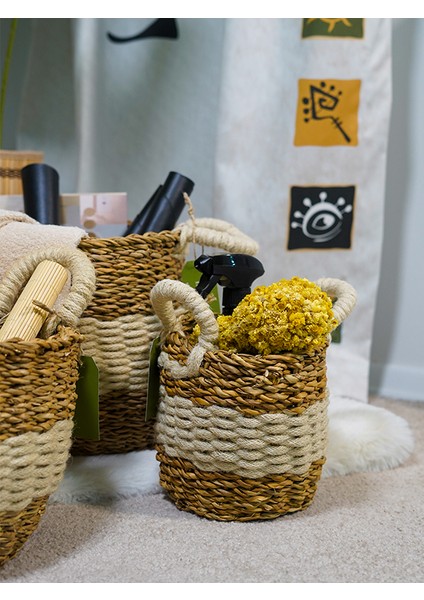 Badehome Decoration 3'lü Doğal Hasır Kulplu Yuvarlak Krem Sepet Set (Saksı,çamaşır Düzenleyici Organizer) modelleri