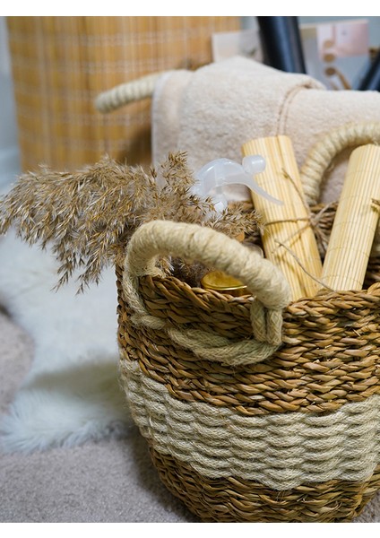 Badehome Decoration 3'lü Doğal Hasır Kulplu Yuvarlak Krem Sepet Set (Saksı,çamaşır Düzenleyici Organizer) fırsatları