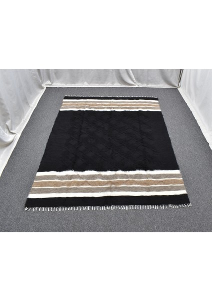 Yeni El Dokuma Siyah Dikişsiz Çift Kişilik Tiftik Yün Siirt Battaniyesi Kilim 5788