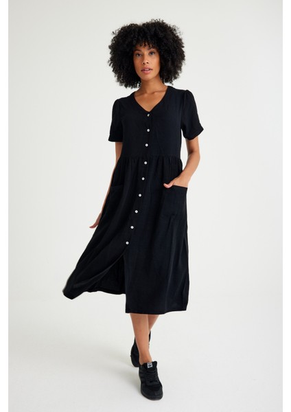 Keten Günlük Rahat V Yaka Beli Büzgü Detaylı Düğmeli Elbise