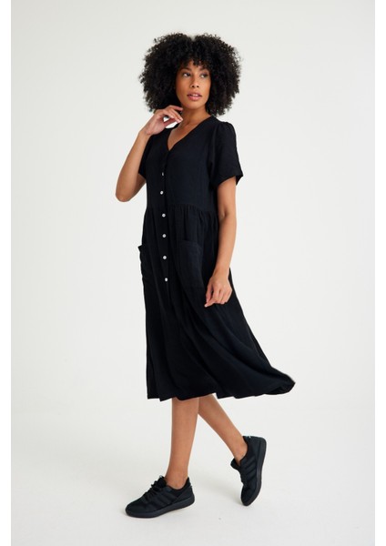 Keten Günlük Rahat V Yaka Beli Büzgü Detaylı Düğmeli Elbise fiyatları