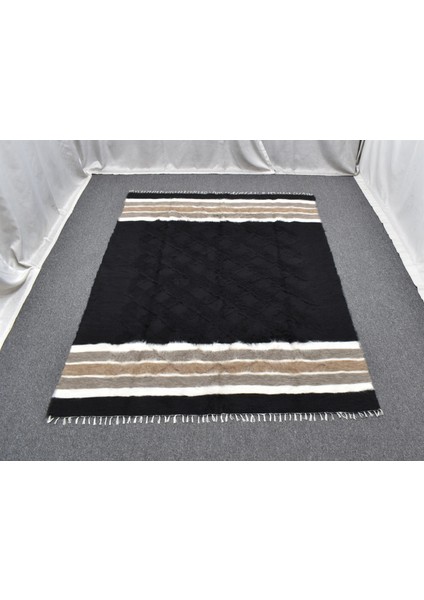 Yeni El Dokuma Siyah Dikişsiz Çift Kişilik Tiftik Yün Siirt Battaniyesi Kilim 5788