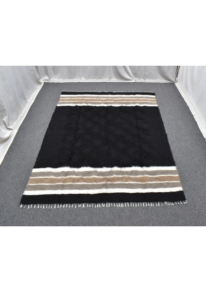 Yeni El Dokuma Siyah Dikişsiz Çift Kişilik Tiftik Yün Siirt Battaniyesi Kilim 5788