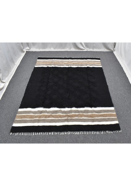 Yeni El Dokuma Siyah Dikişsiz Çift Kişilik Tiftik Yün Siirt Battaniyesi Kilim 5788