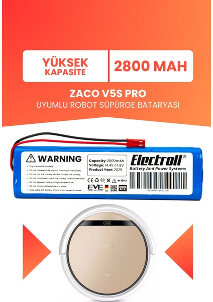 Zaco V5S Pro (Yüksek Kapasite) 2800MAH Robot Süpürge Bataryası